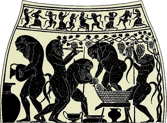 мифологические сатиры давят виноград